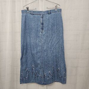 Liz Claiborne Blue Denim Rustic Floral Embroidered Midi Skirt Boho Cottage 16